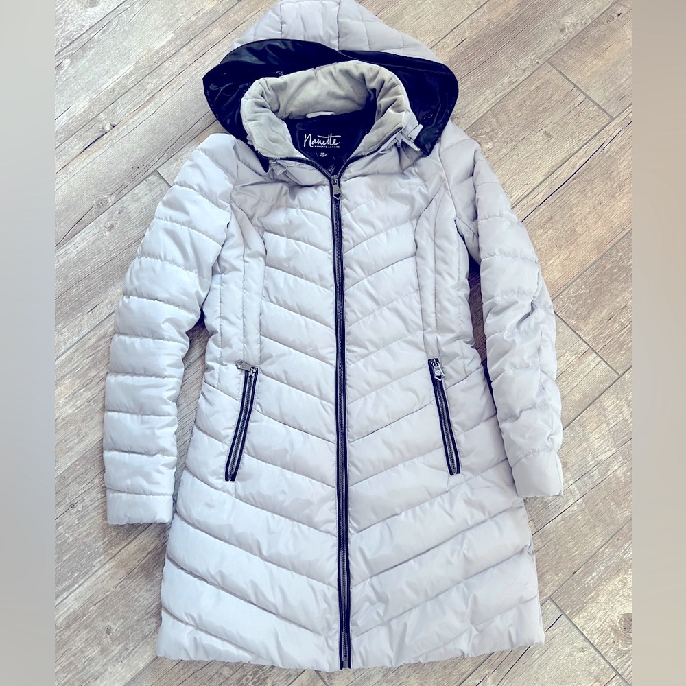 Puffer Jacket XS with removable hood. Nanette Lepore Silver.